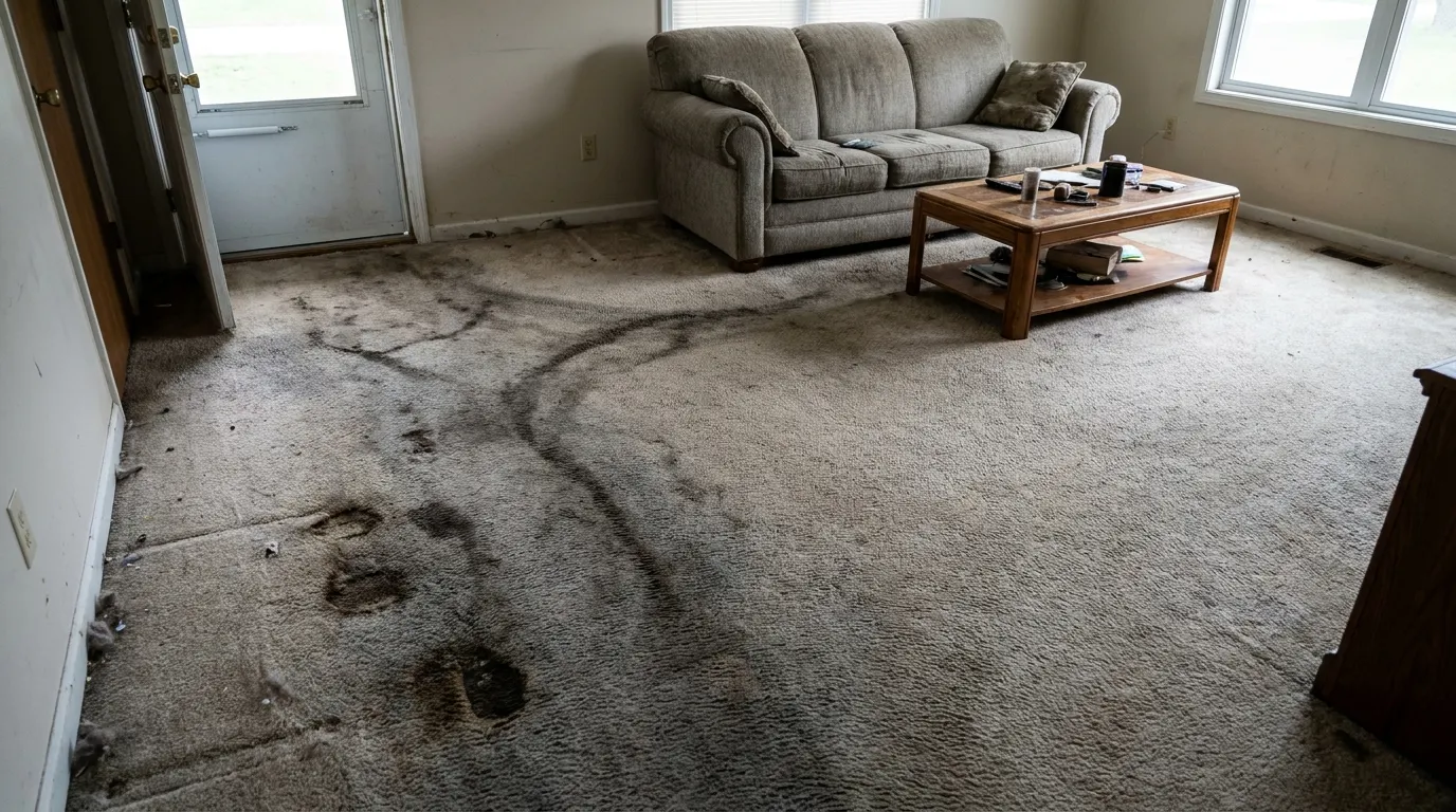 Living room carpet with heavy traffic stains and ground-in dirt before cleaning