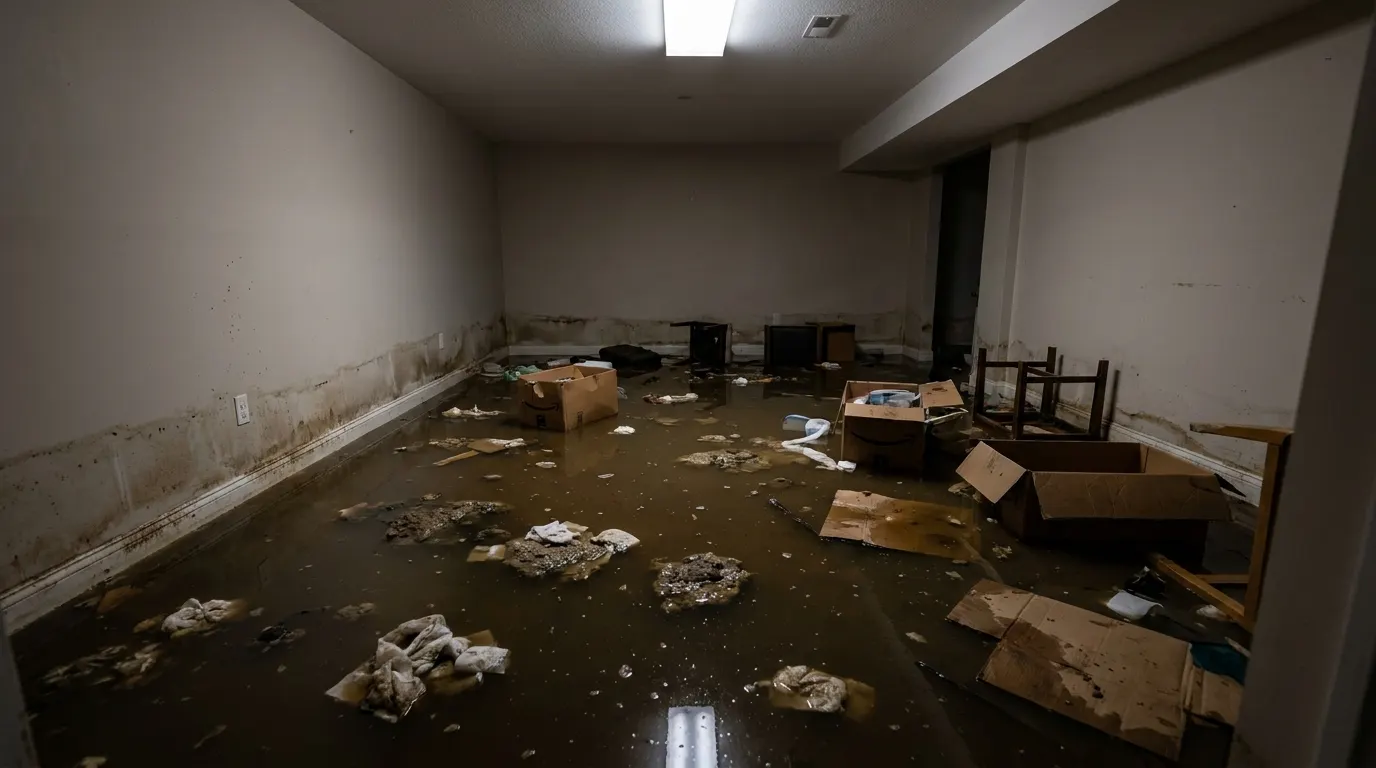 Finished basement flooded by a large sewage backup with contaminated water and debris before cleanup