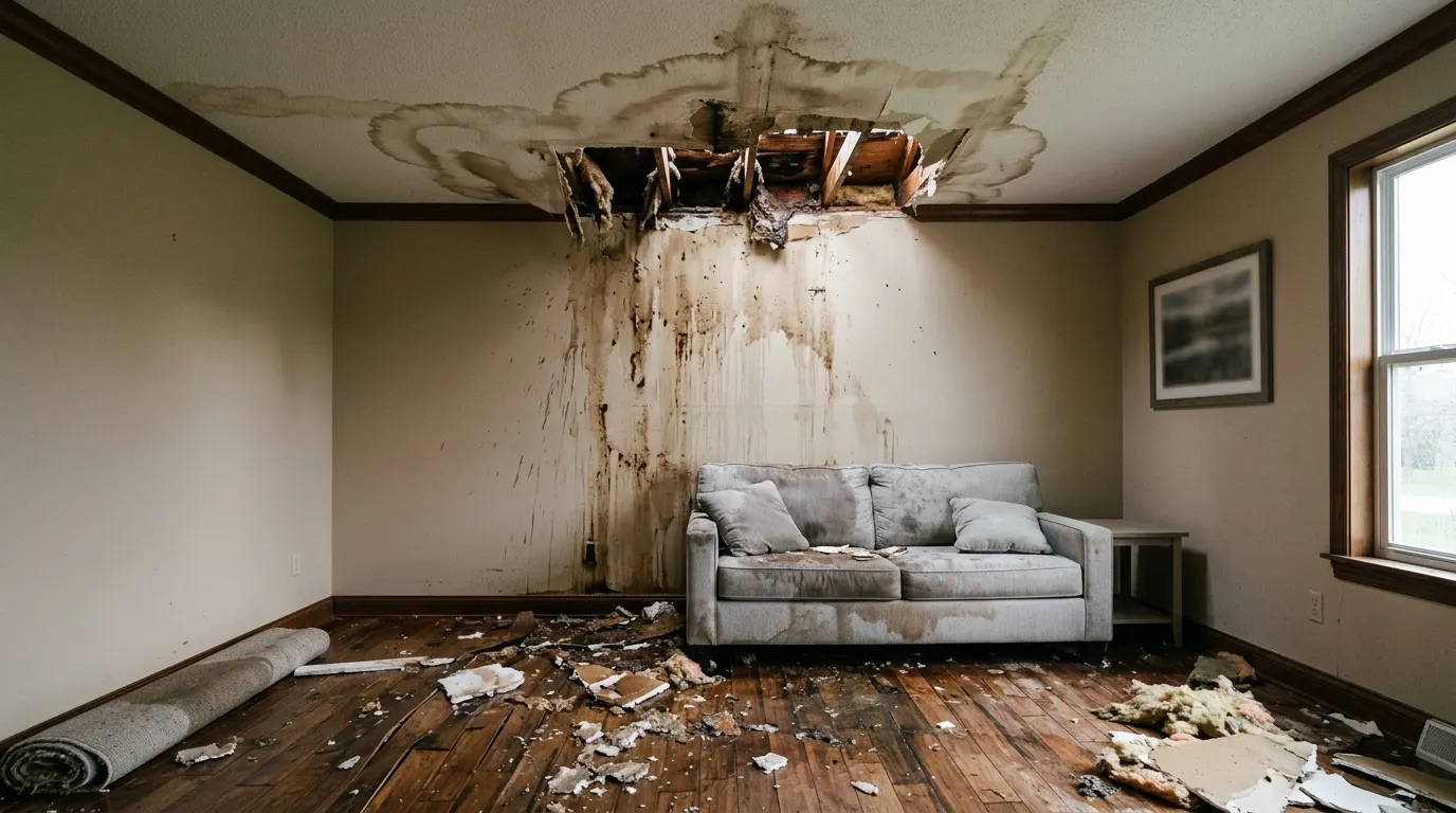 Room with a collapsed storm-damaged ceiling and debris before repair