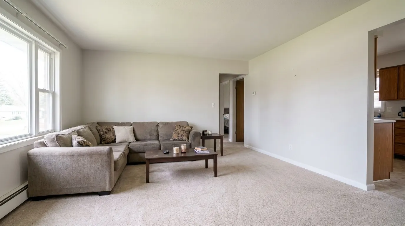 The same room fully dried, cleaned, and restored after professional water damage restoration
